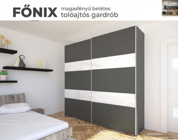 Főnix tolóajtós gardrób magasfényű bútorlap betéttel